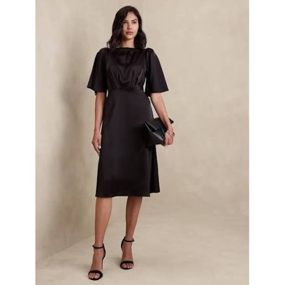 Banana Republic Dress Flutter-Sleeve Knee-Length 4 Black Satin LBD Cocktail NWT